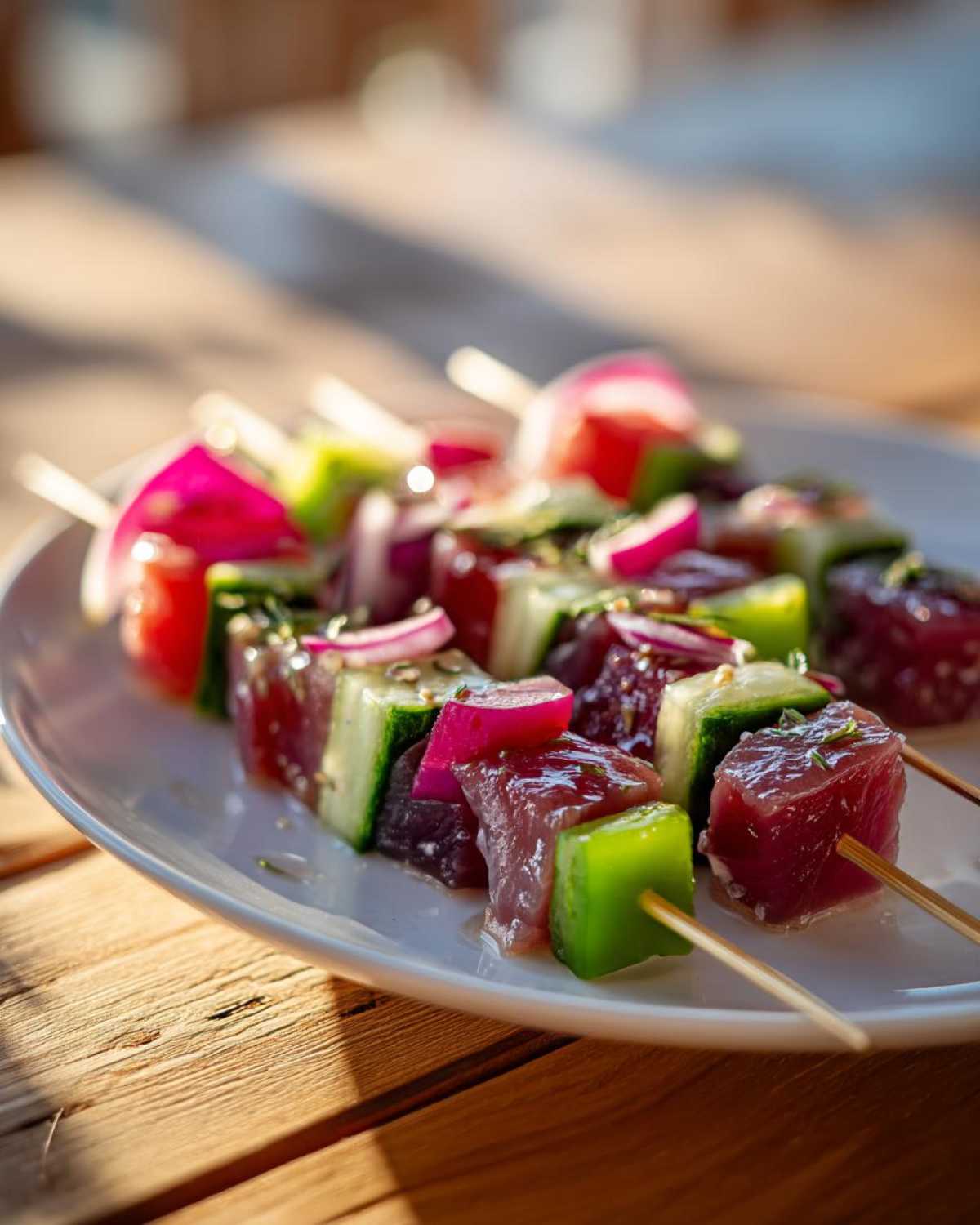 Zbliżenie na koreczki śledziowe z kawałkami marynowanej ryby, ogórka i czerwonej cebuli na białym talerzu.