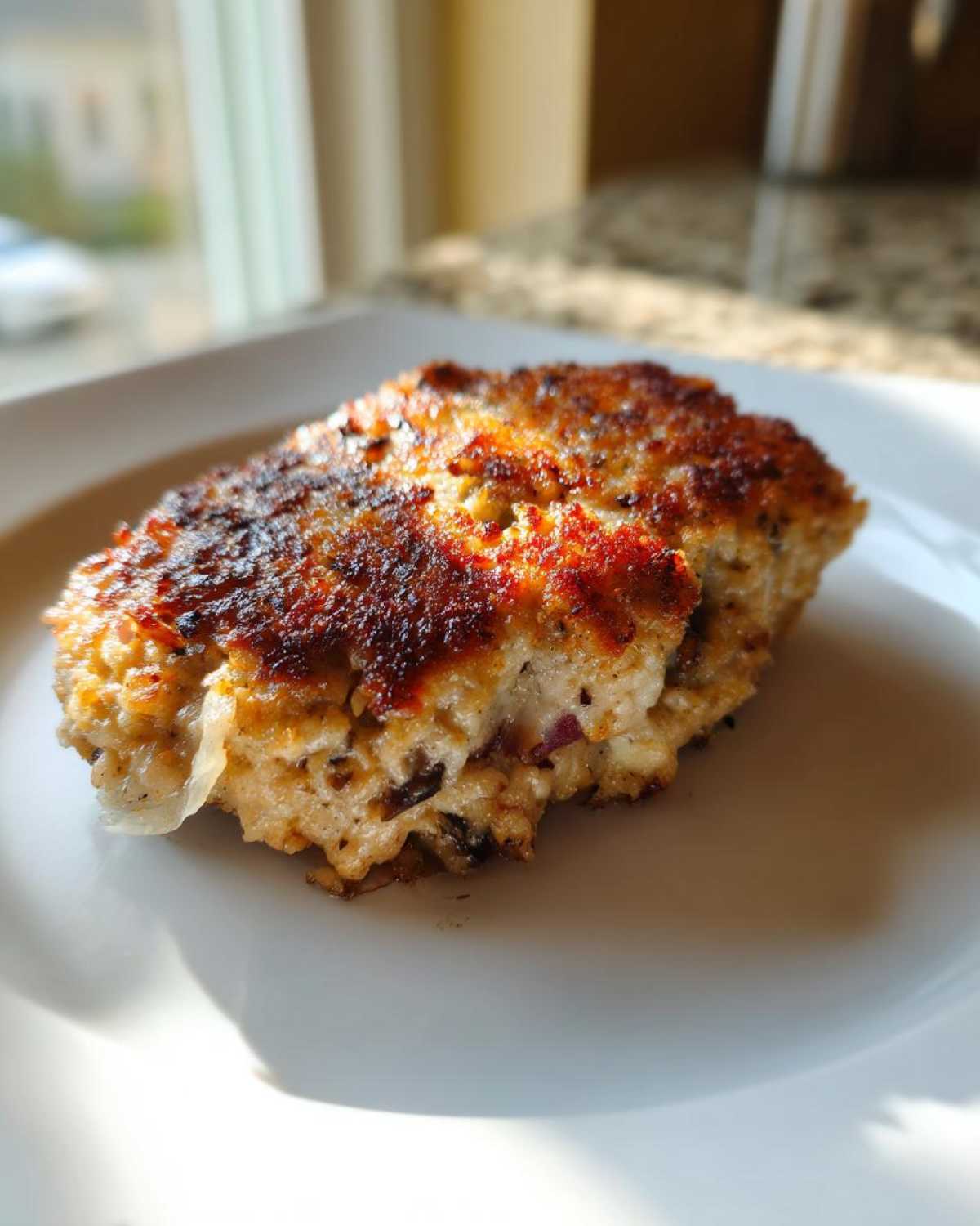 Zbliżenie na apetyczny, usmażony Kotlet mielony z pieczarkami, leżący na białym talerzu.