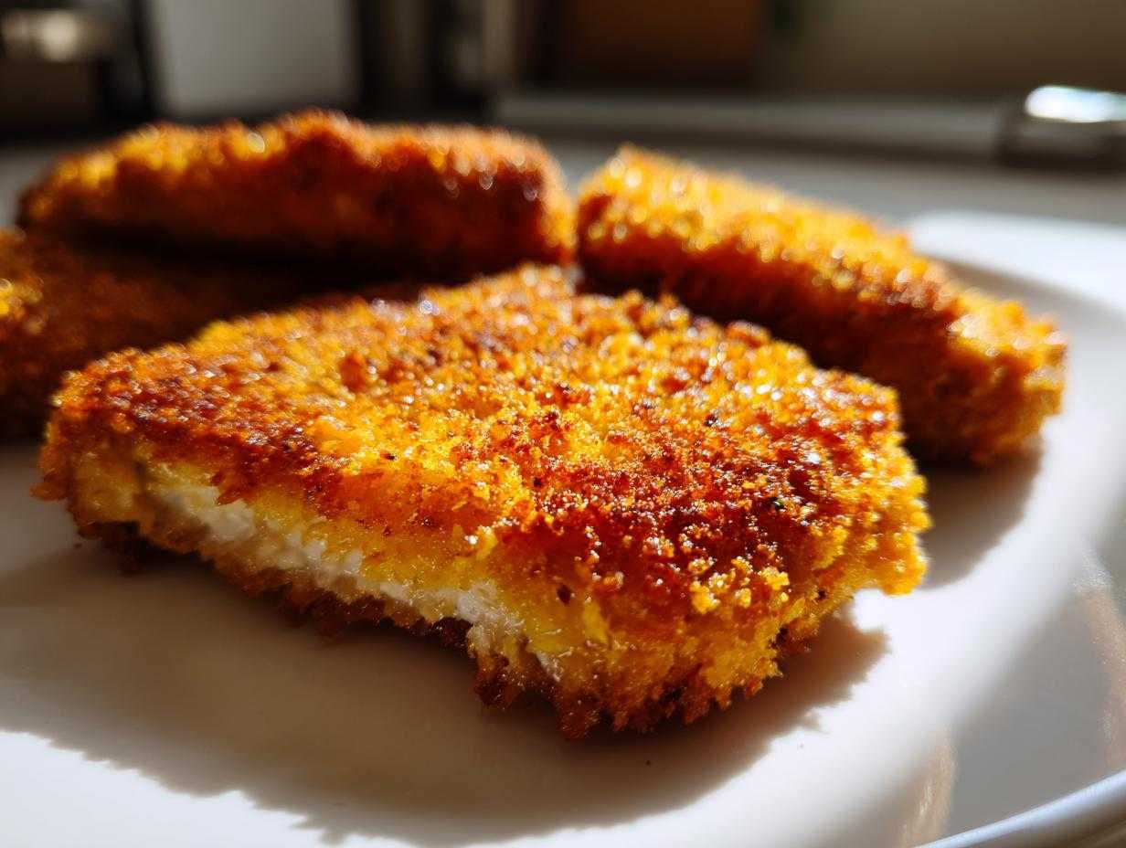 Zbliżenie na usmażony Kotlet z boczniaka o chrupiącej, złocistej panierce, leżący na białym talerzu.