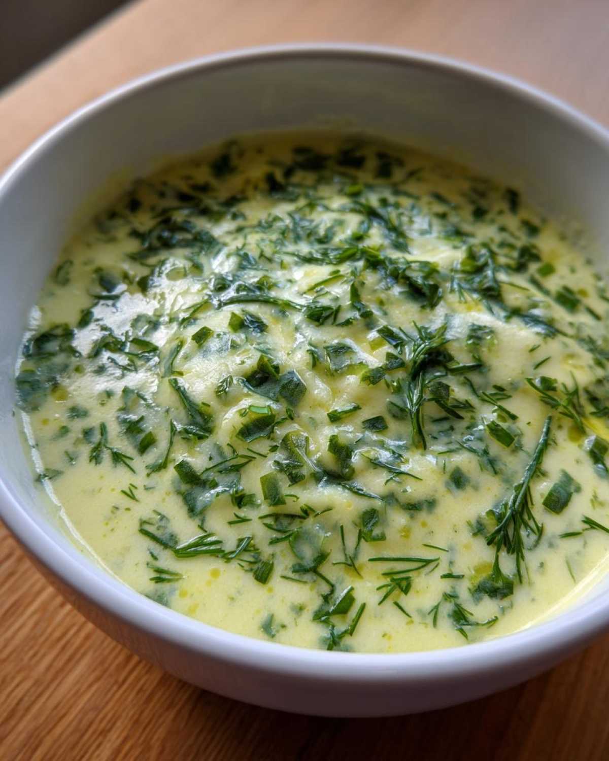 Zbliżenie na kremową zupę kalafiorową z dużą ilością posiekanego koperku i szczypiorku.