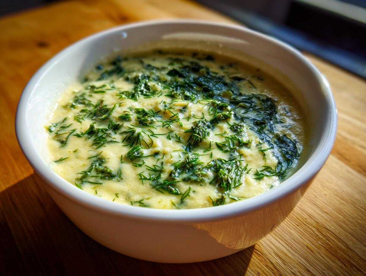 Kremowa zupa kalafiorowa z koperkiem podana w białej miseczce na drewnianym blacie.