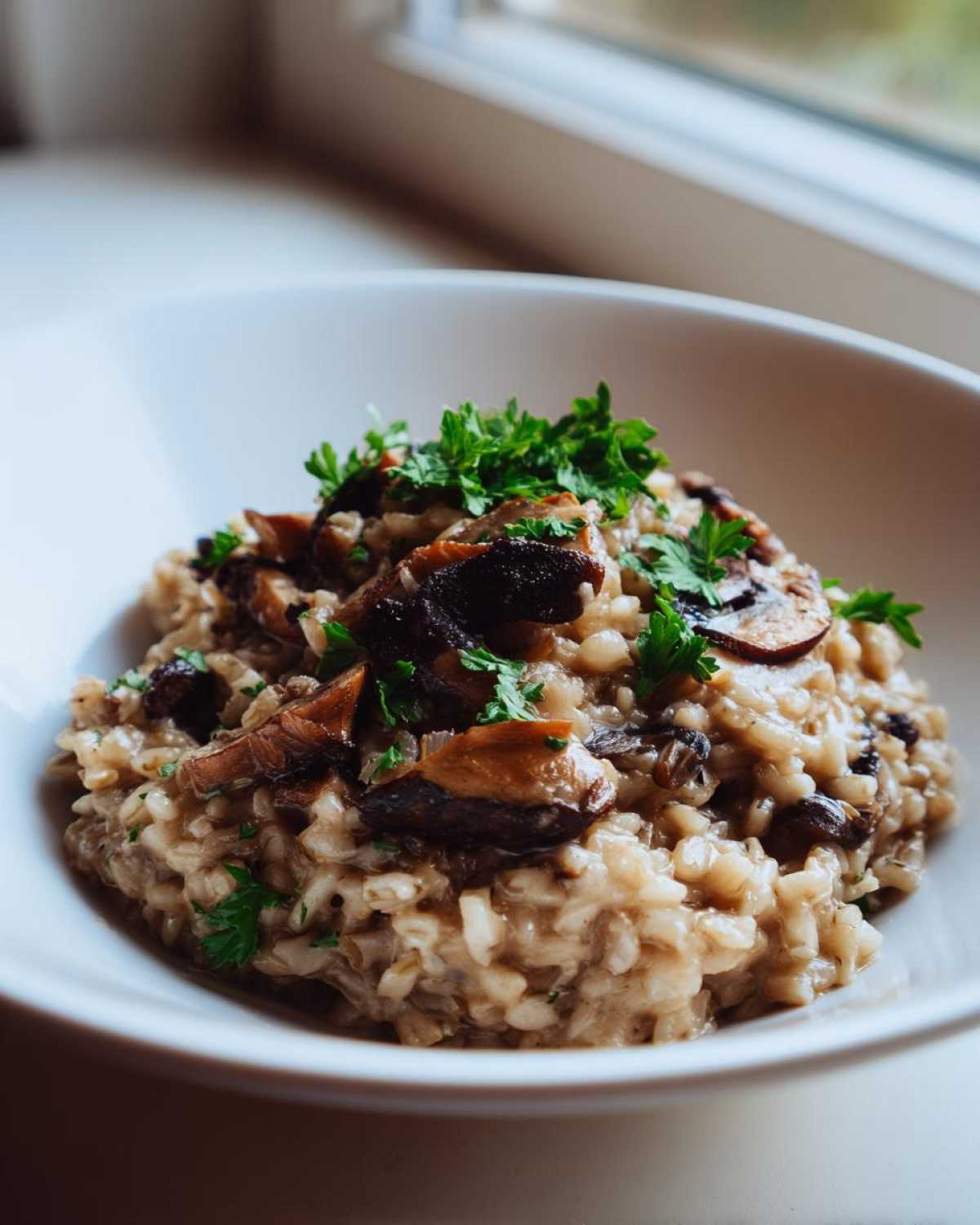 Zbliżenie na kremowe Kaszotto z grzybami, udekorowane świeżą natką pietruszki, w białej misce.