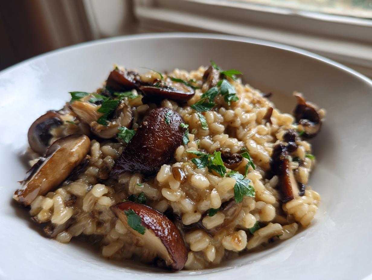 Zbliżenie na kremowe Kaszotto z grzybami, posypane świeżą natką pietruszki w białej misce.