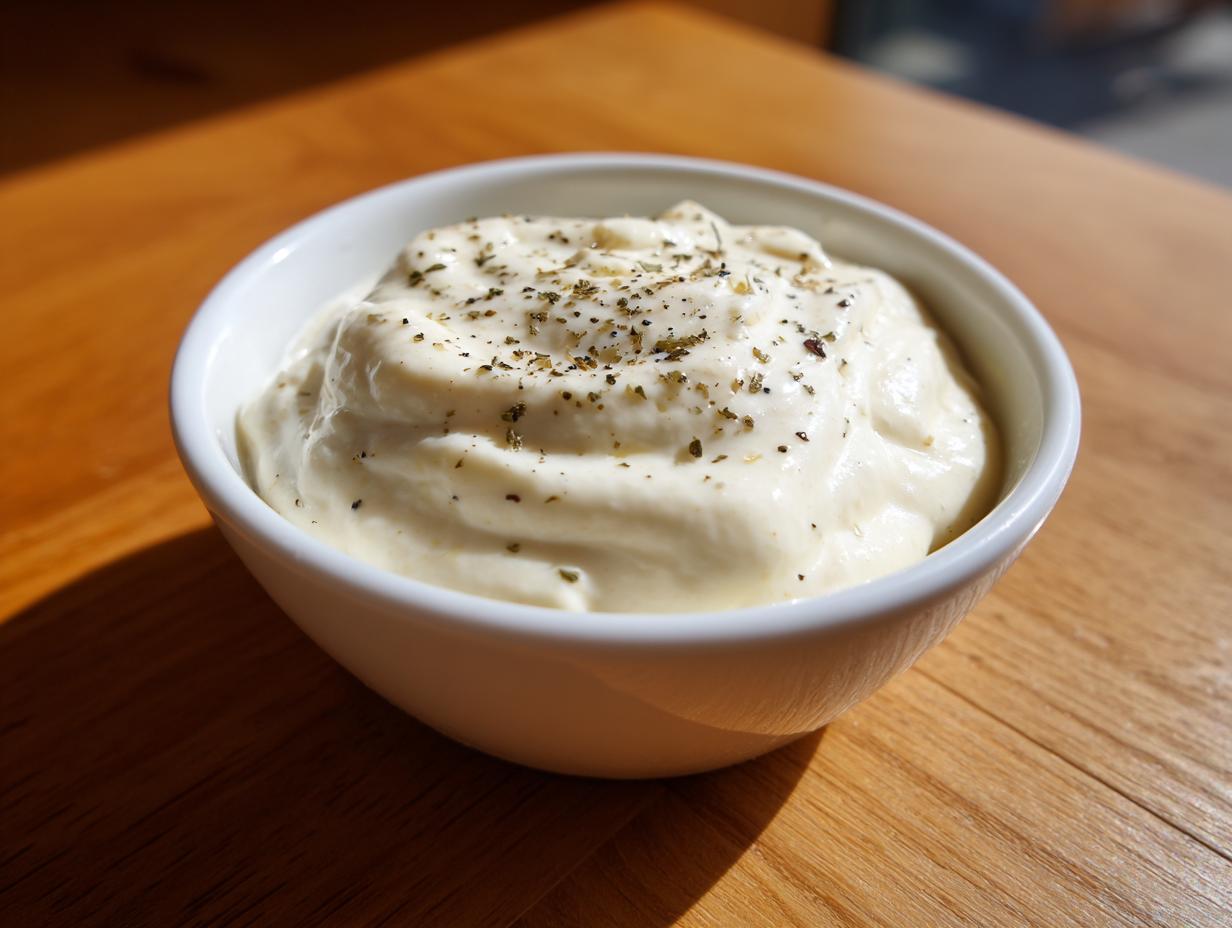 Kremowy dip czosnkowy domowy posypany ziołami i pieprzem w białej miseczce na drewnianym stole.