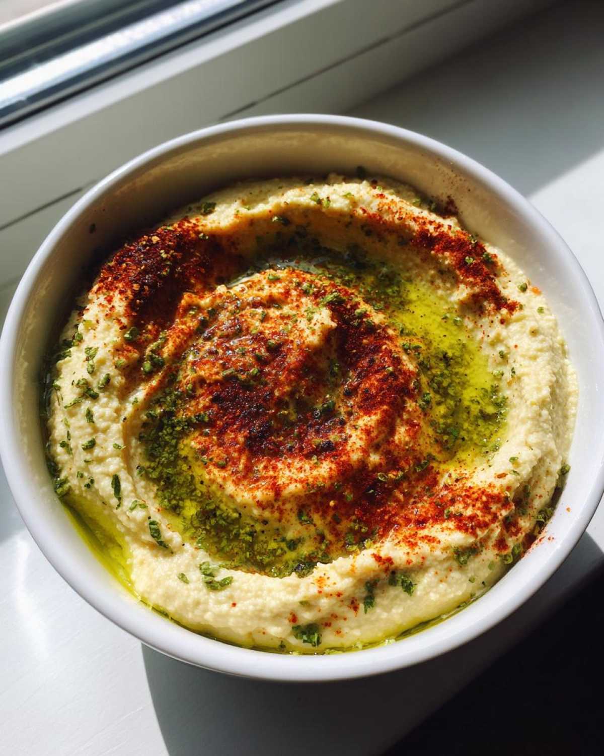 Zbliżenie na miskę kremowego Hummus klasyczny, polanego oliwą i posypanego papryką oraz ziołami.