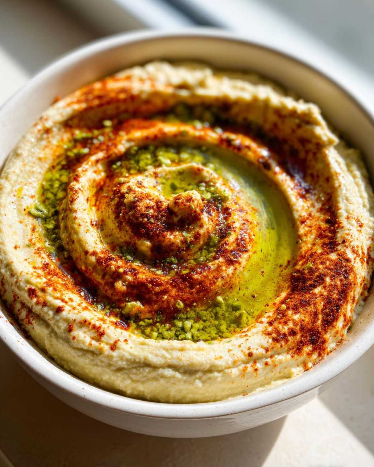 Zbliżenie na miskę z idealnie kremowym Hummus klasyczny, polany oliwą i posypany papryką.