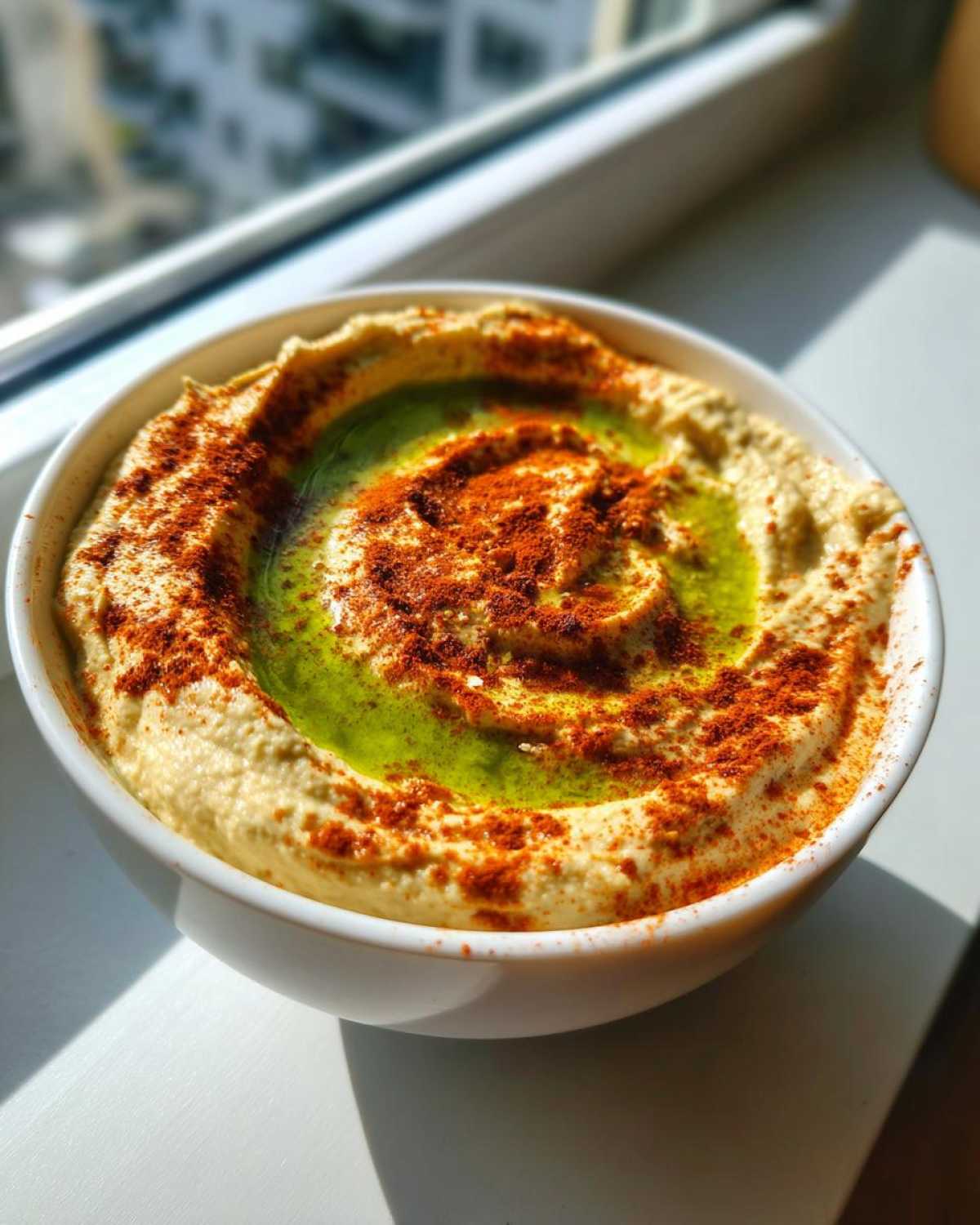 Miseczka kremowego Hummus klasyczny polana oliwą i posypana czerwoną papryką, stojąca w świetle słonecznym.