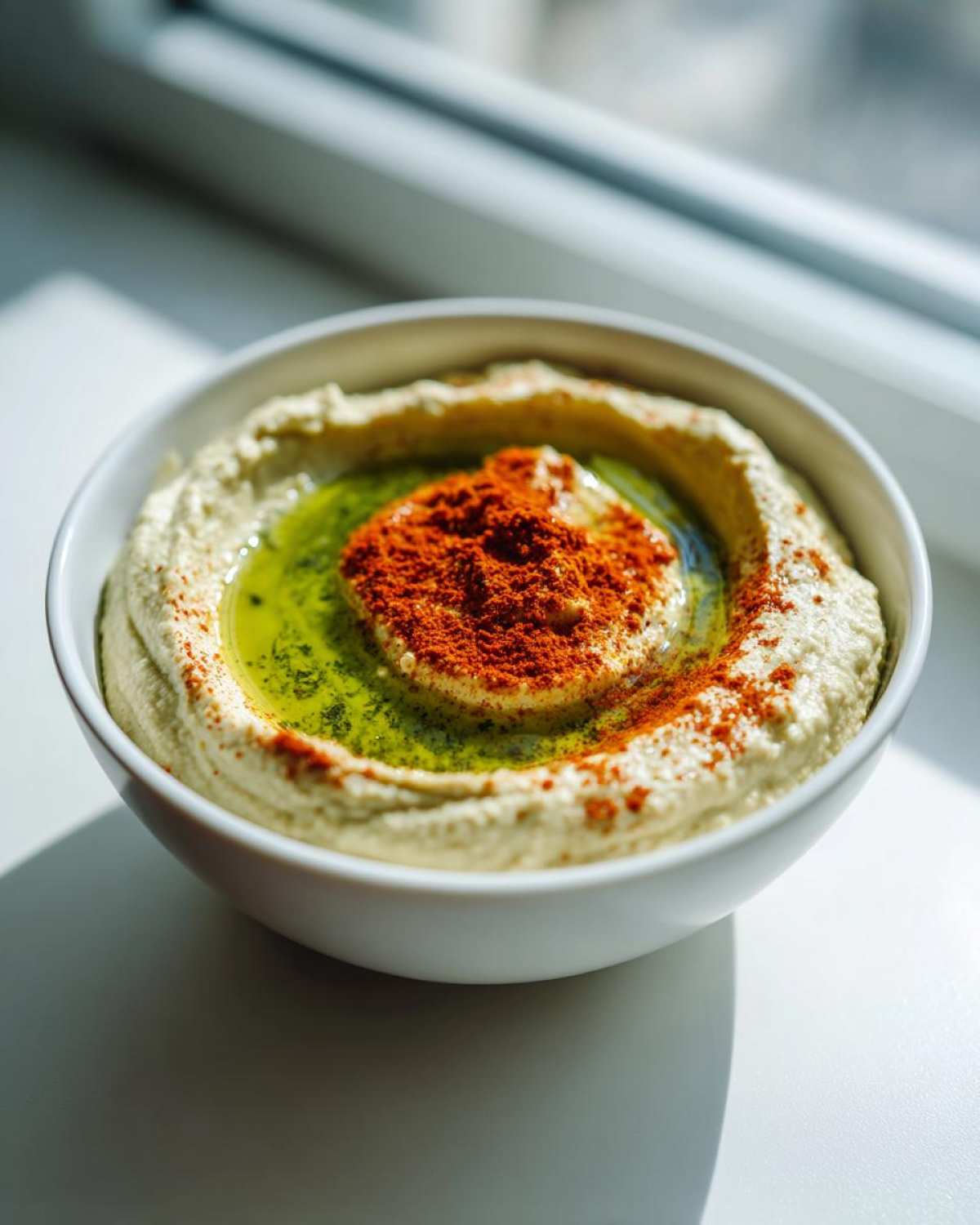 Miseczka kremowego Hummus klasyczny polana oliwą i posypana czerwoną papryką.