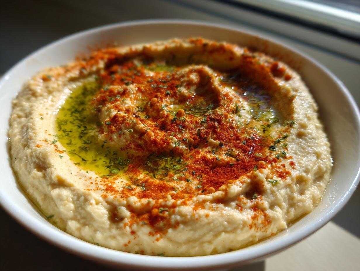 Miseczka kremowego Hummus klasyczny udekorowana oliwą, czerwoną papryką i ziołami.