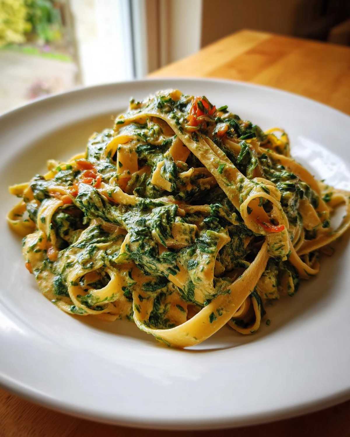 Porcja kremowego makaronu ze szpinakiem i suszonymi pomidorami na białym talerzu.