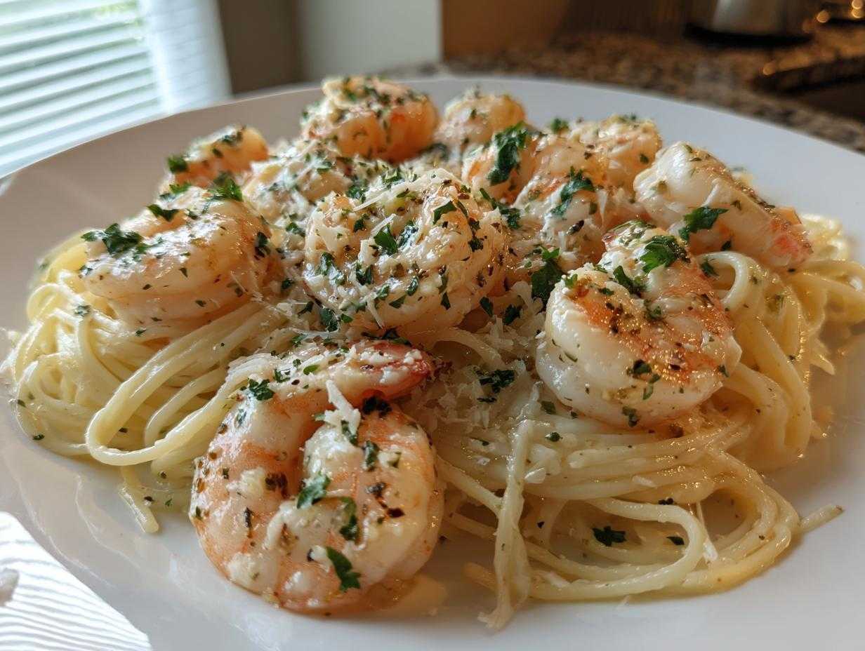 Talerz spaghetti polany kremowym sosem, na wierzchu ułożone soczyste krewetki w sosie czosnkowym, posypane pietruszką.