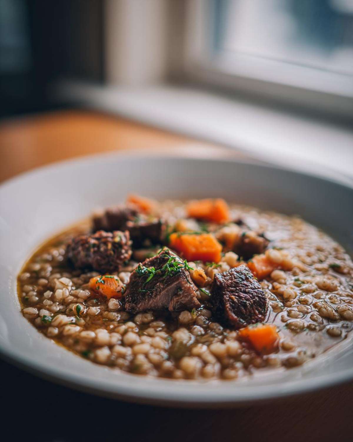 Miseczka gęstego Krupnik na żołądkach z kaszą pęczak, kawałkami ciemnego mięsa i pomarańczową marchewką.