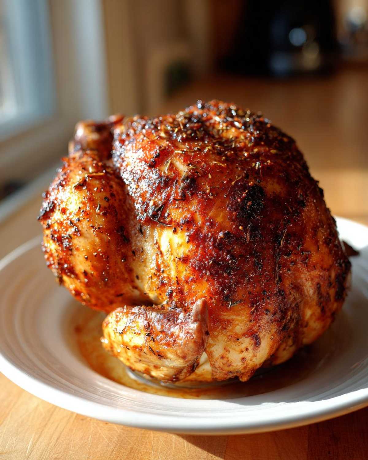 Apetyczny, złocisty Kurczak pieczony na butelce piwa, podany na białym talerzu.