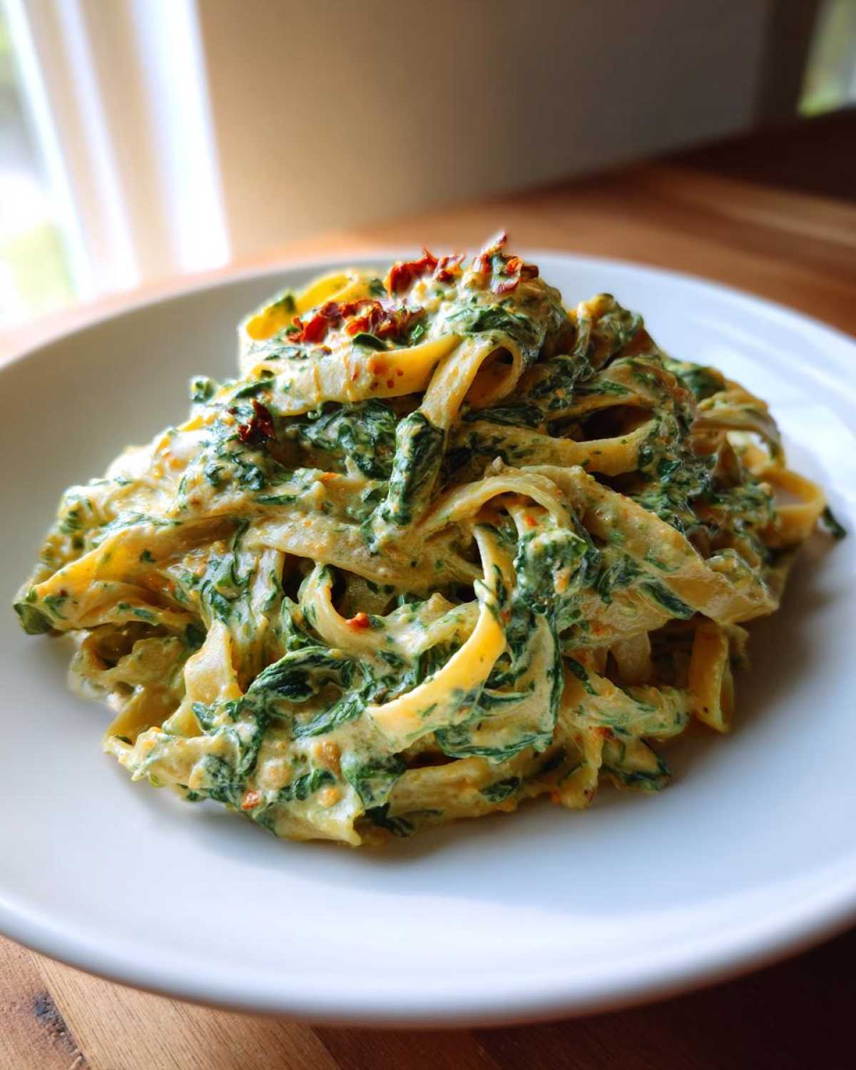 Zbliżenie na talerz z kremowym makaronem ze szpinakiem i suszonymi pomidorami.