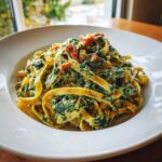 Zbliżenie na talerz z makaronem ze szpinakiem i suszonymi pomidorami w kremowym sosie.