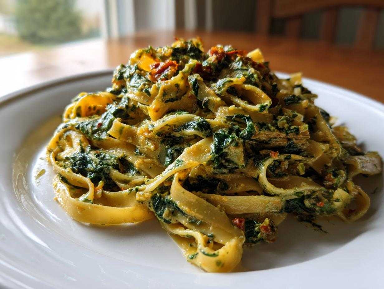 Zbliżenie na porcję makaronu ze szpinakiem i suszonymi pomidorami w kremowym sosie na białym talerzu.