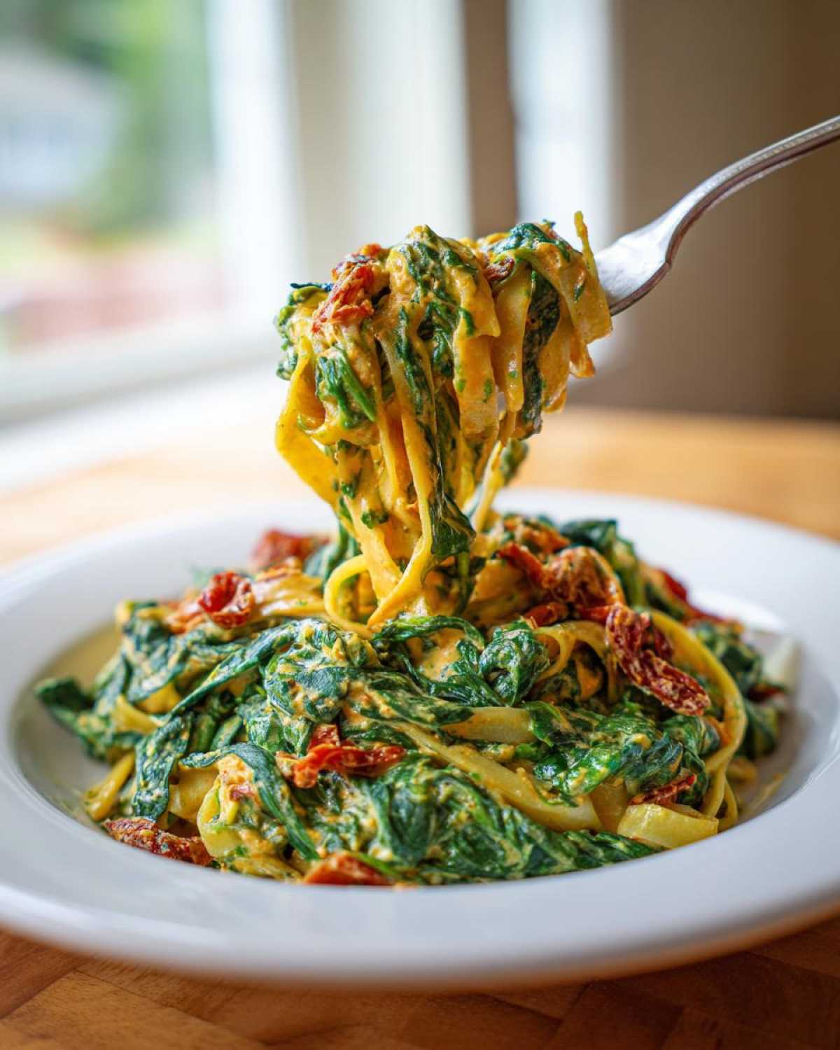 Kremowy makaron ze szpinakiem i suszonymi pomidorami na widelcu, podany w białym talerzu.