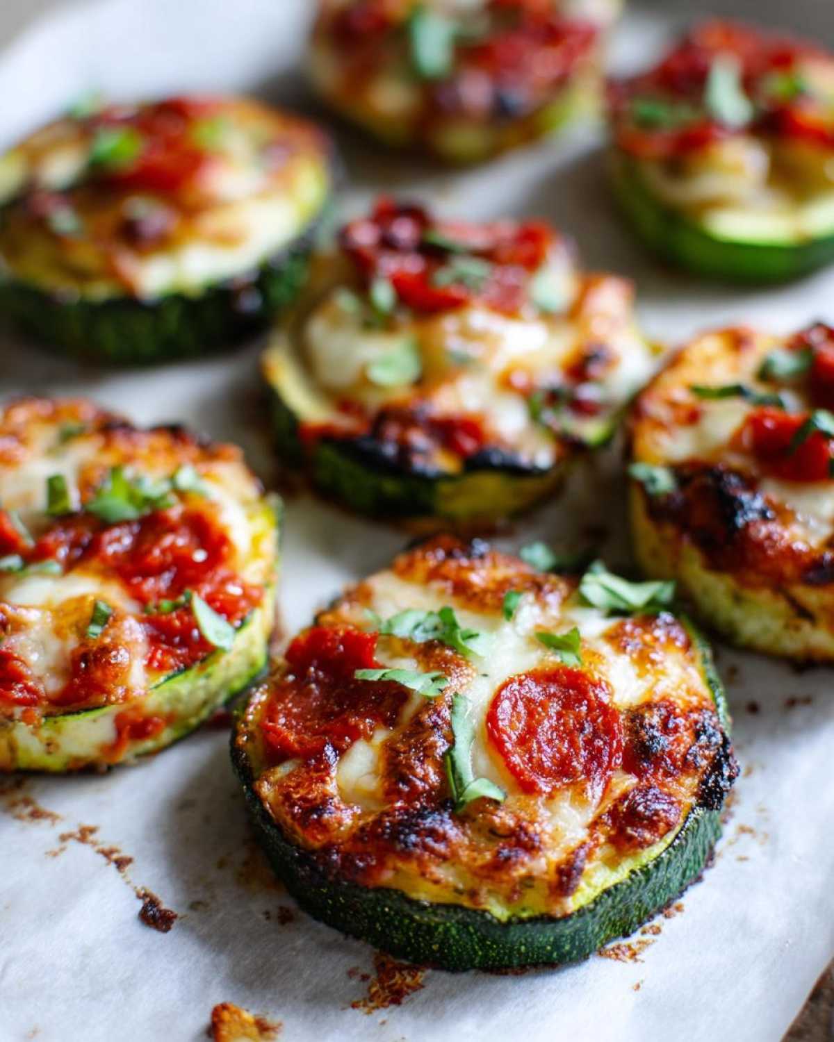 Zbliżenie na upieczone Mini pizze z cukinii z roztopionym serem i kawałkami pepperoni.