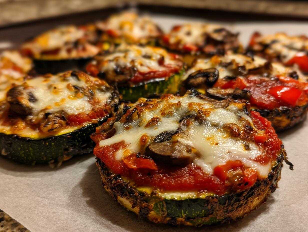 Zbliżenie na gotowe mini pizze z cukinii z sosem pomidorowym, pieczarkami i zapieczonym serem.
