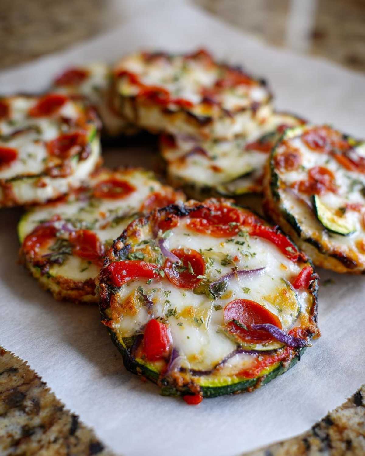 Zbliżenie na kilka gotowych mini pizze z cukinii z roztopionym serem, pepperoni i czerwoną cebulą.