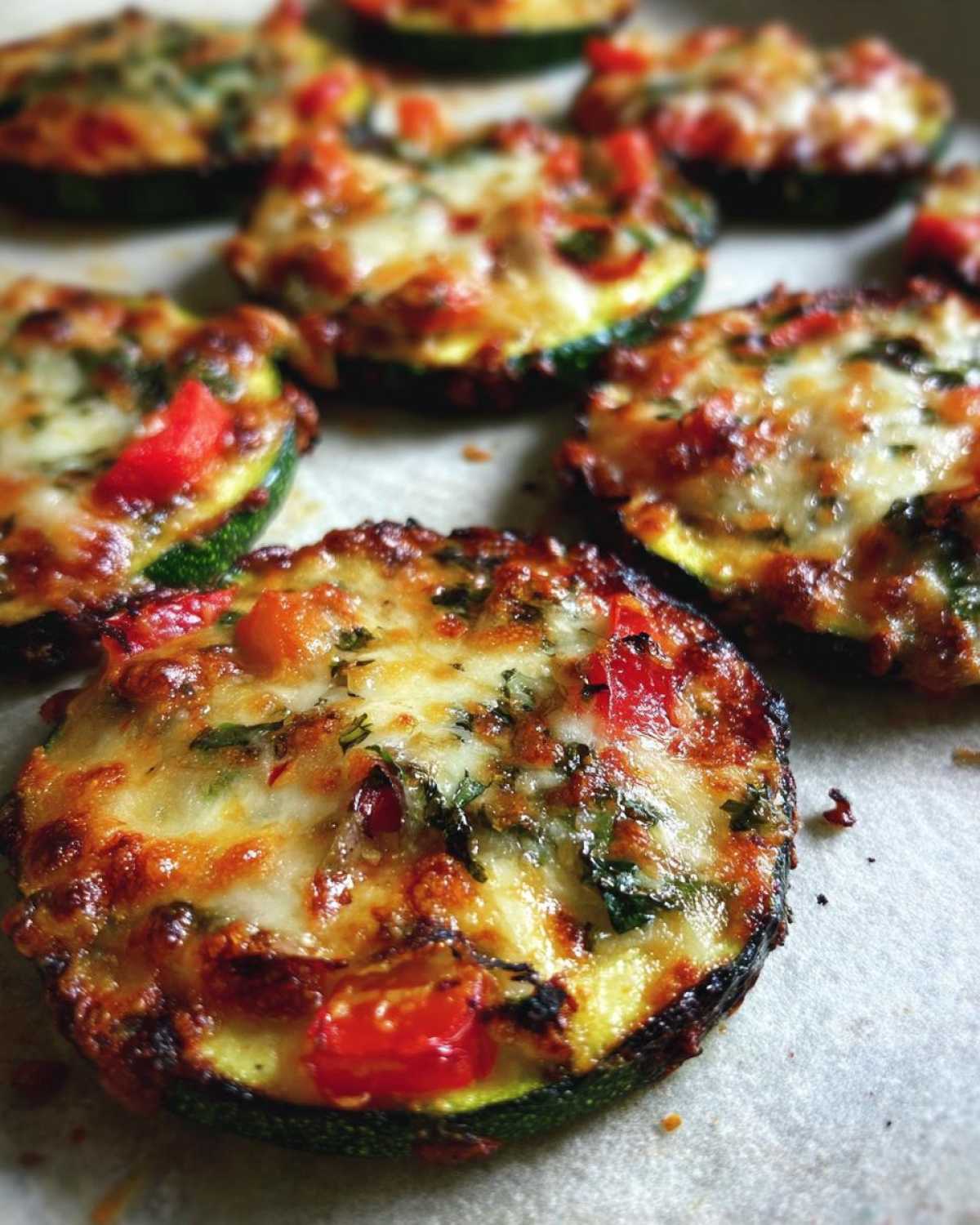 Zbliżenie na upieczone Mini pizze z cukinii z roztopionym serem i kawałkami pomidorów.