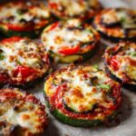 Zbliżenie na zapieczone mini pizze z cukinii z sosem pomidorowym, warzywami i ciągnącym się serem.