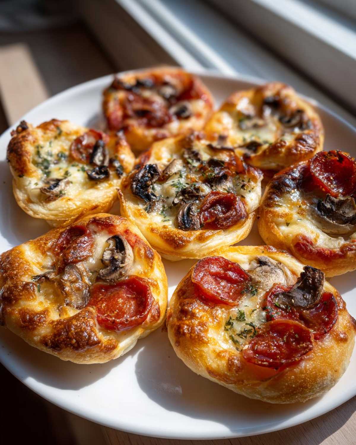 Zbliżenie na talerz z sześcioma złocistymi pizzerinki z pepperoni, pieczarkami i serem, oprószonymi ziołami.