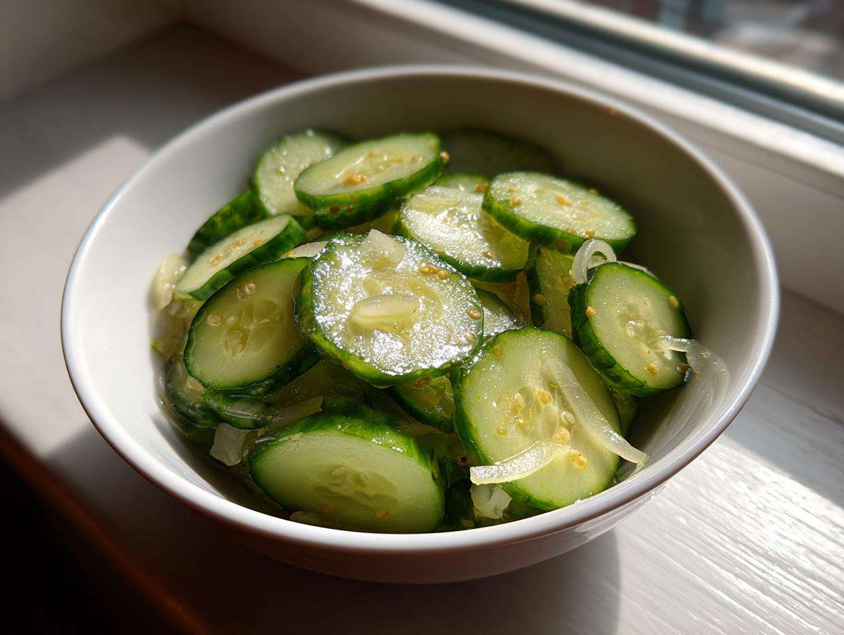 Zbliżenie na miskę Mizeria z octem i cukrem, z plastrami ogórka i cebuli, oświetlone światłem słonecznym.