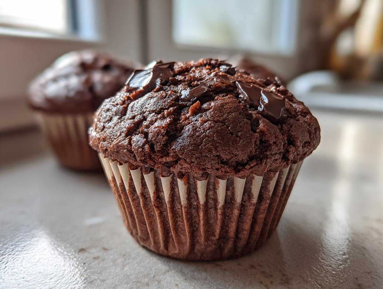 Zbliżenie na wilgotne muffinki czekoladowe posypane kawałkami gorzkiej czekolady.