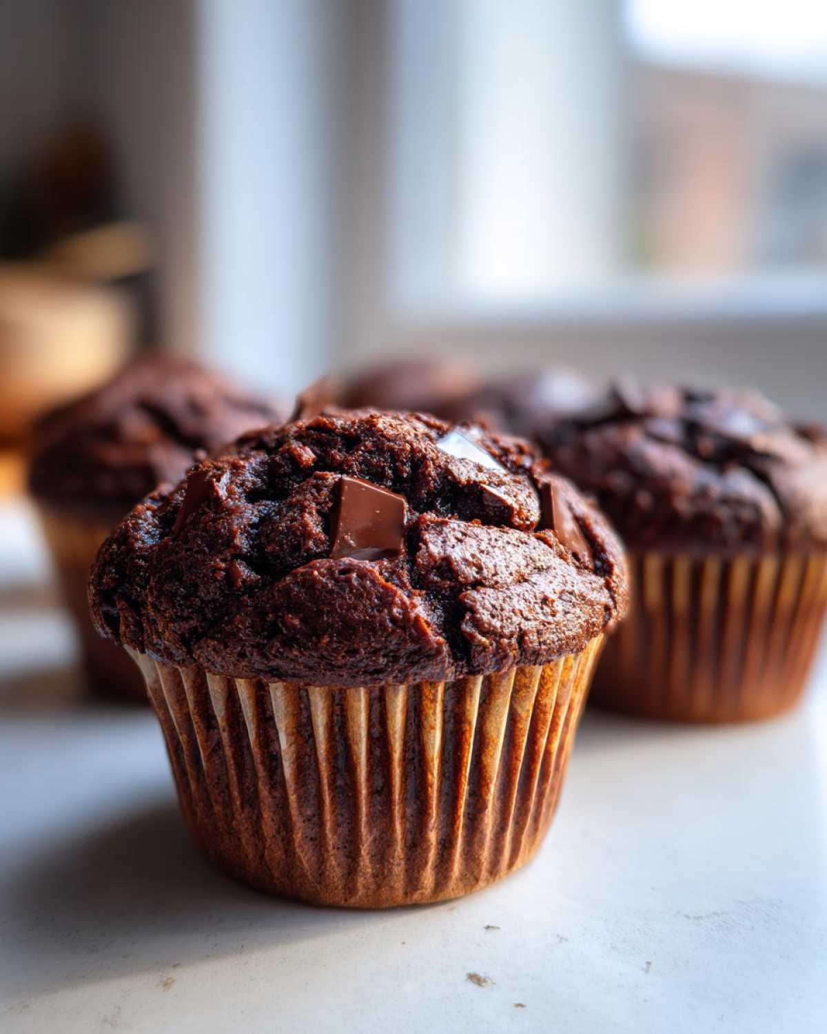 Zbliżenie na wilgotne muffinki czekoladowe z widocznymi kawałkami czekolady na wierzchu.