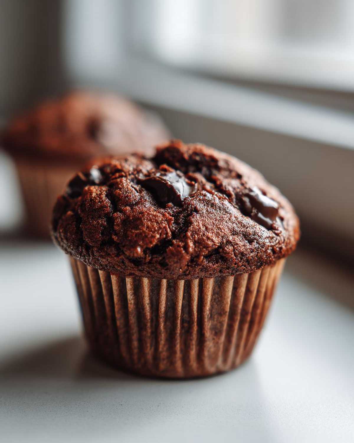 Zbliżenie na wilgotne muffinki czekoladowe z roztopionymi kawałkami czekolady na wierzchu.
