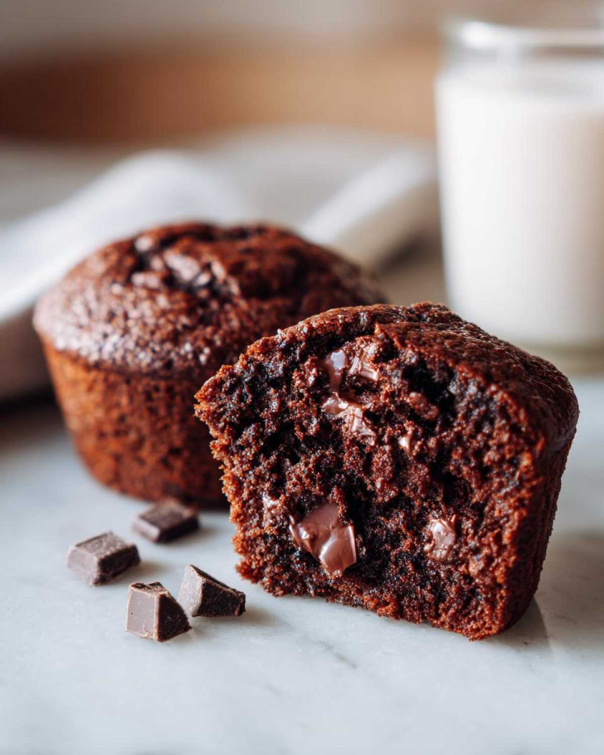 Przekrój wilgotnych muffiny czekoladowe z kawałkami czekolady w środku, obok szklanka mleka.
