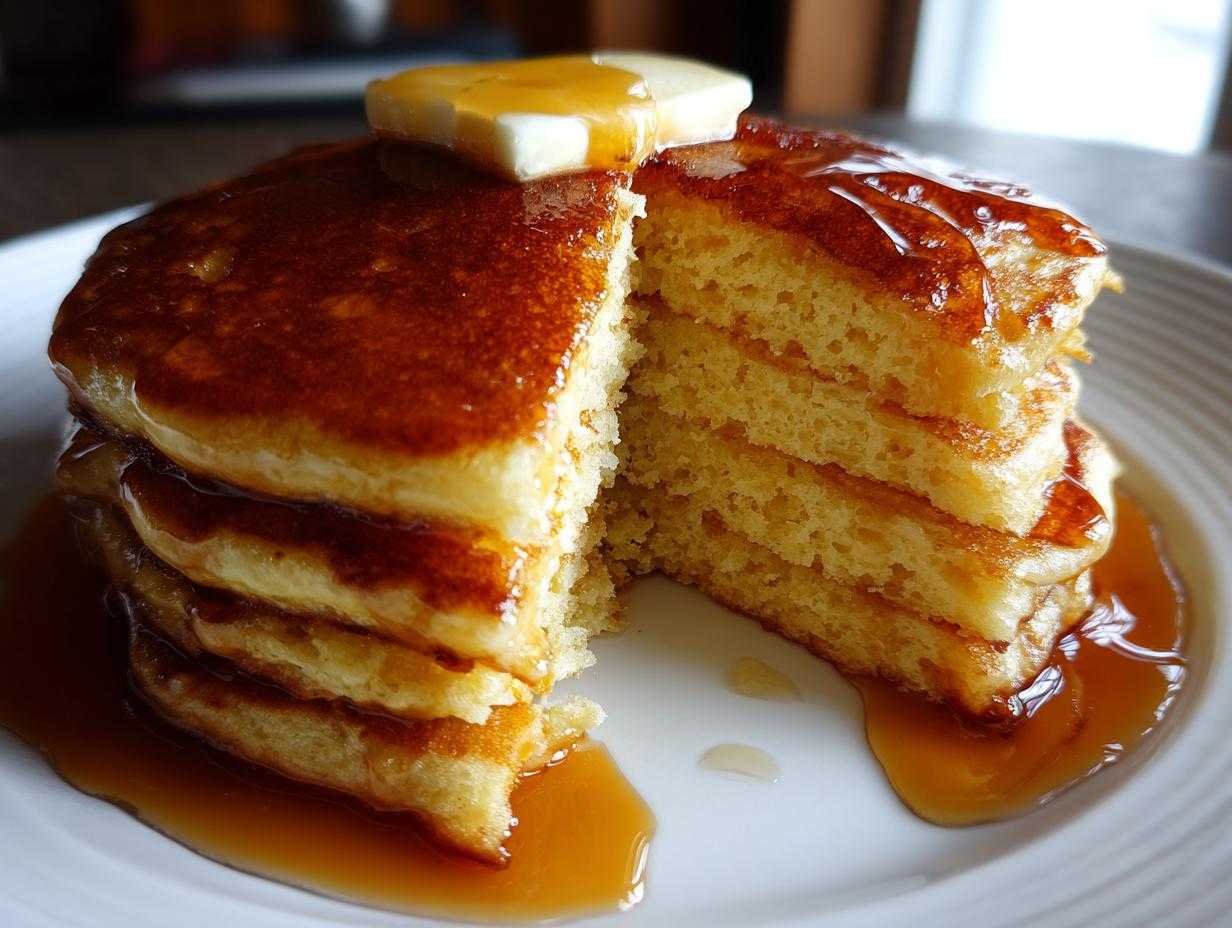 Stos puszystych naleśników amerykańskich polany syropem klonowym z kawałkiem masła na wierzchu.