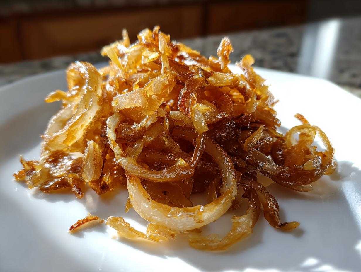 Zbliżenie na stos złocistej, skarmelizowanej okrasy z cebulki, idealnej jako dodatek do dań.