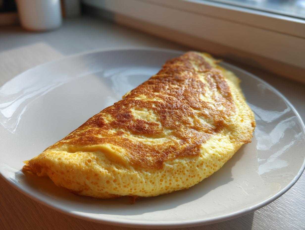 Złocisty, złożony omlet z kaszą jaglaną podany na jasnym talerzu przy oknie.