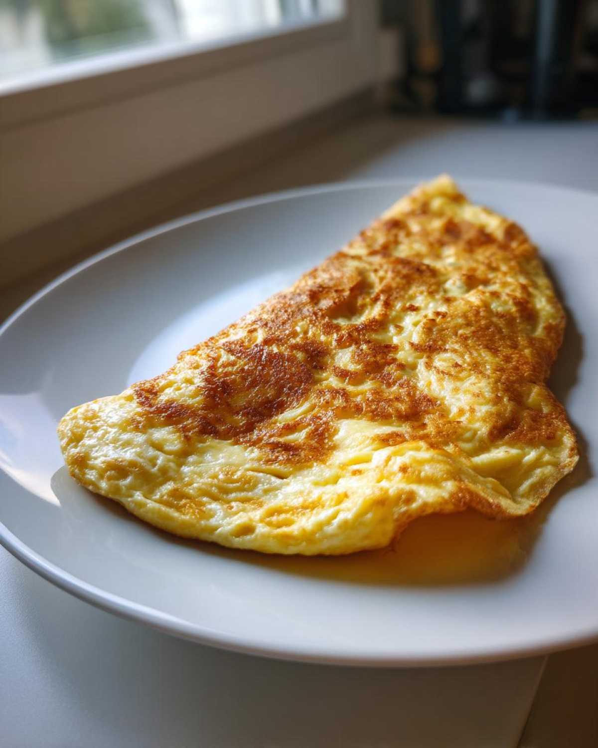 Złocisty, złożony na pół omlet z kaszą jaglaną, podany na białym talerzu przy oknie.