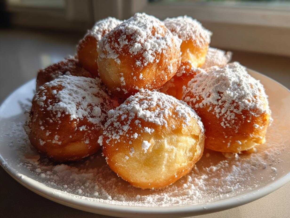 Stos puszystych, złocistych oponek serowych obficie polanych cukrem pudrem na białym talerzu.