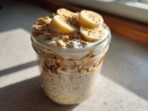 Szklany słoik z gotową owsianką nocną, udekorowaną jogurtem, płatkami owsianymi, nasionami chia i plasterkami banana.