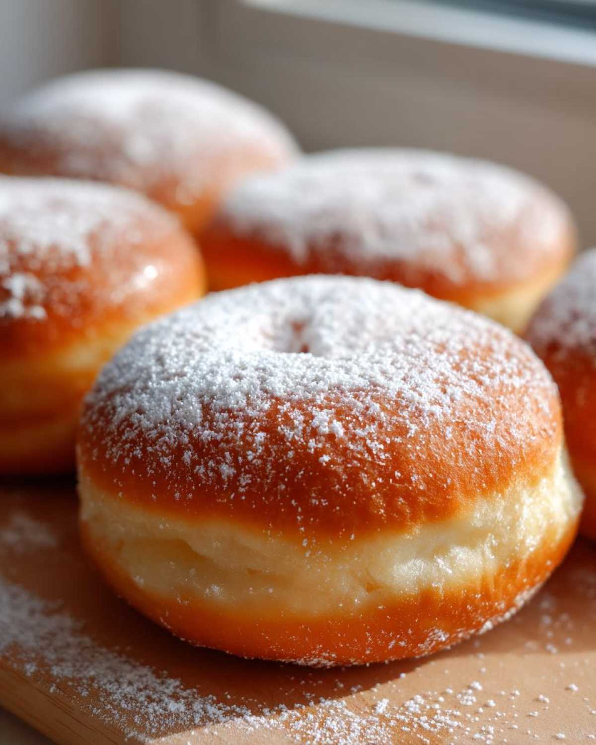 Zbliżenie na pączki pieczone obficie oprószone cukrem pudrem, leżące na drewnianej desce.