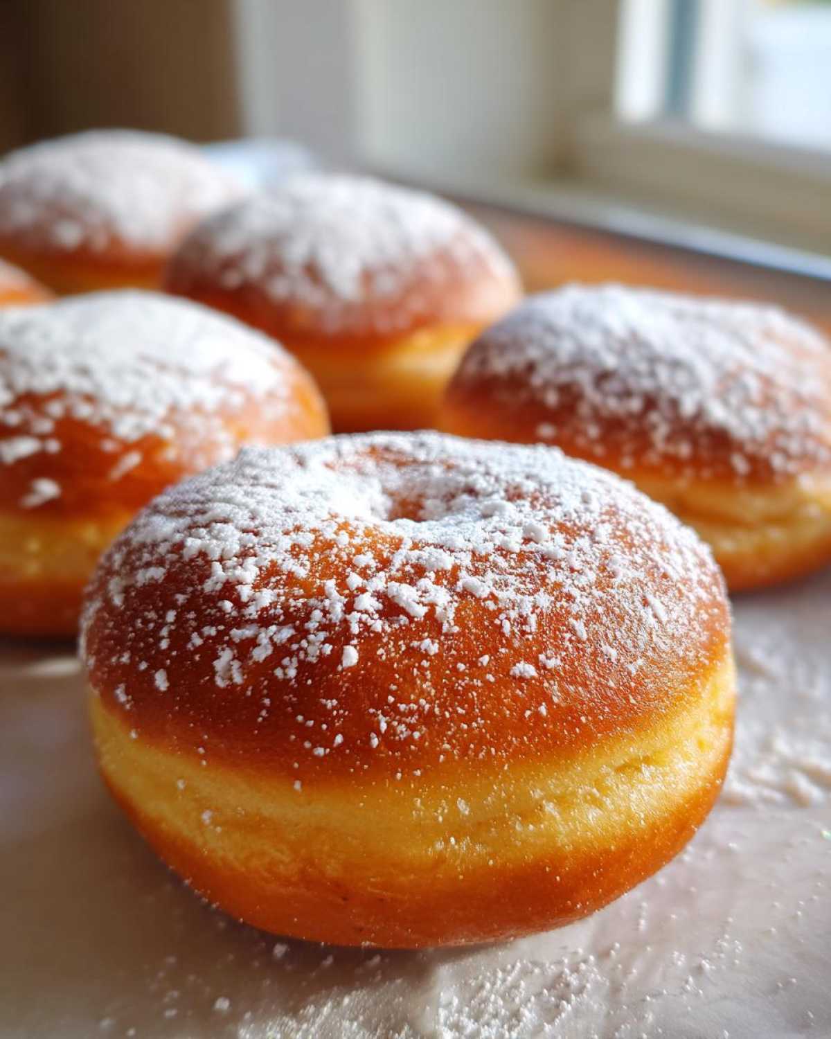 Zbliżenie na pączki pieczone posypane obficie cukrem pudrem, gotowe do podania.