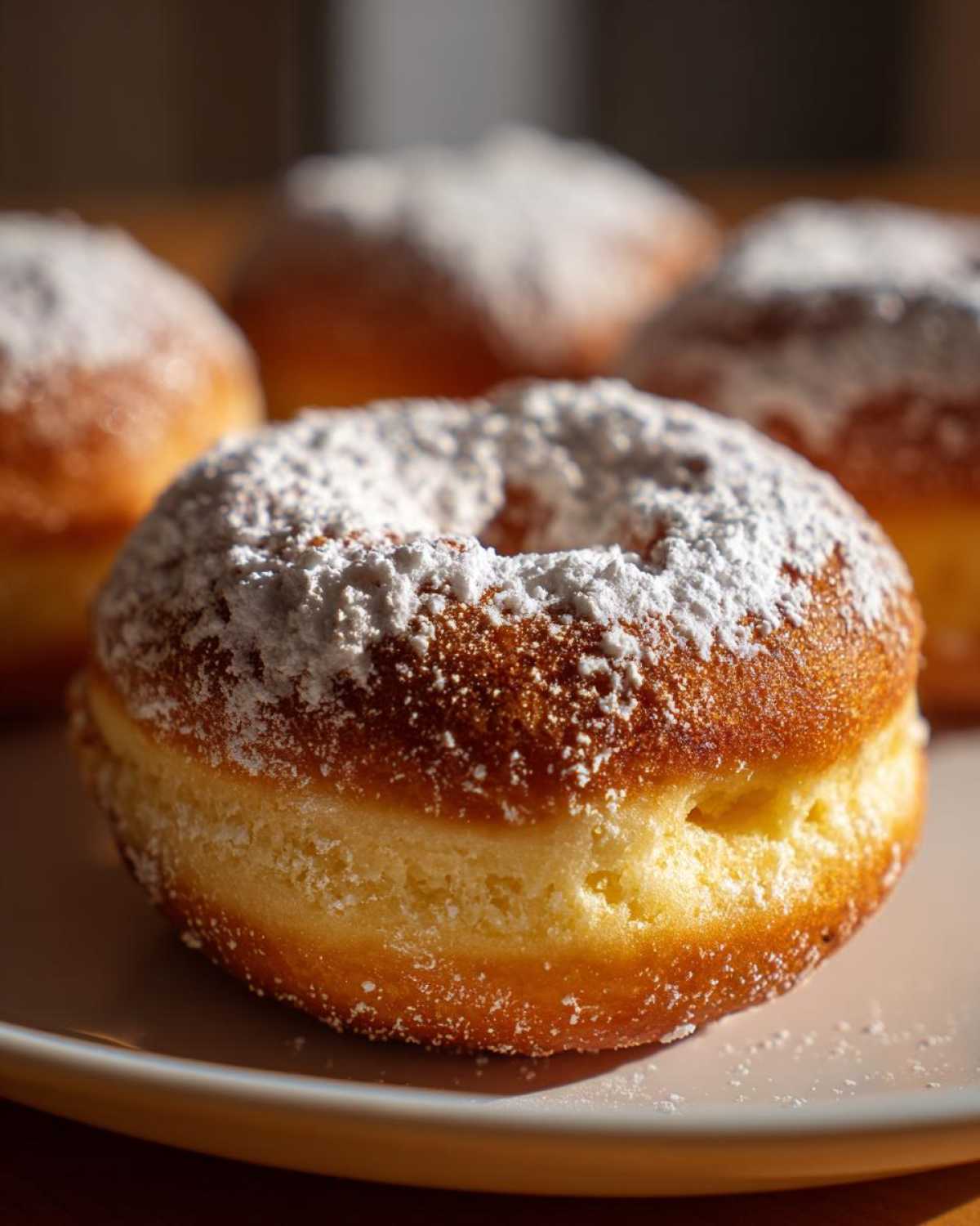 Zbliżenie na pączka pieczonego obficie posypanego cukrem pudrem, leżącego na talerzu z innymi pączkami w tle.