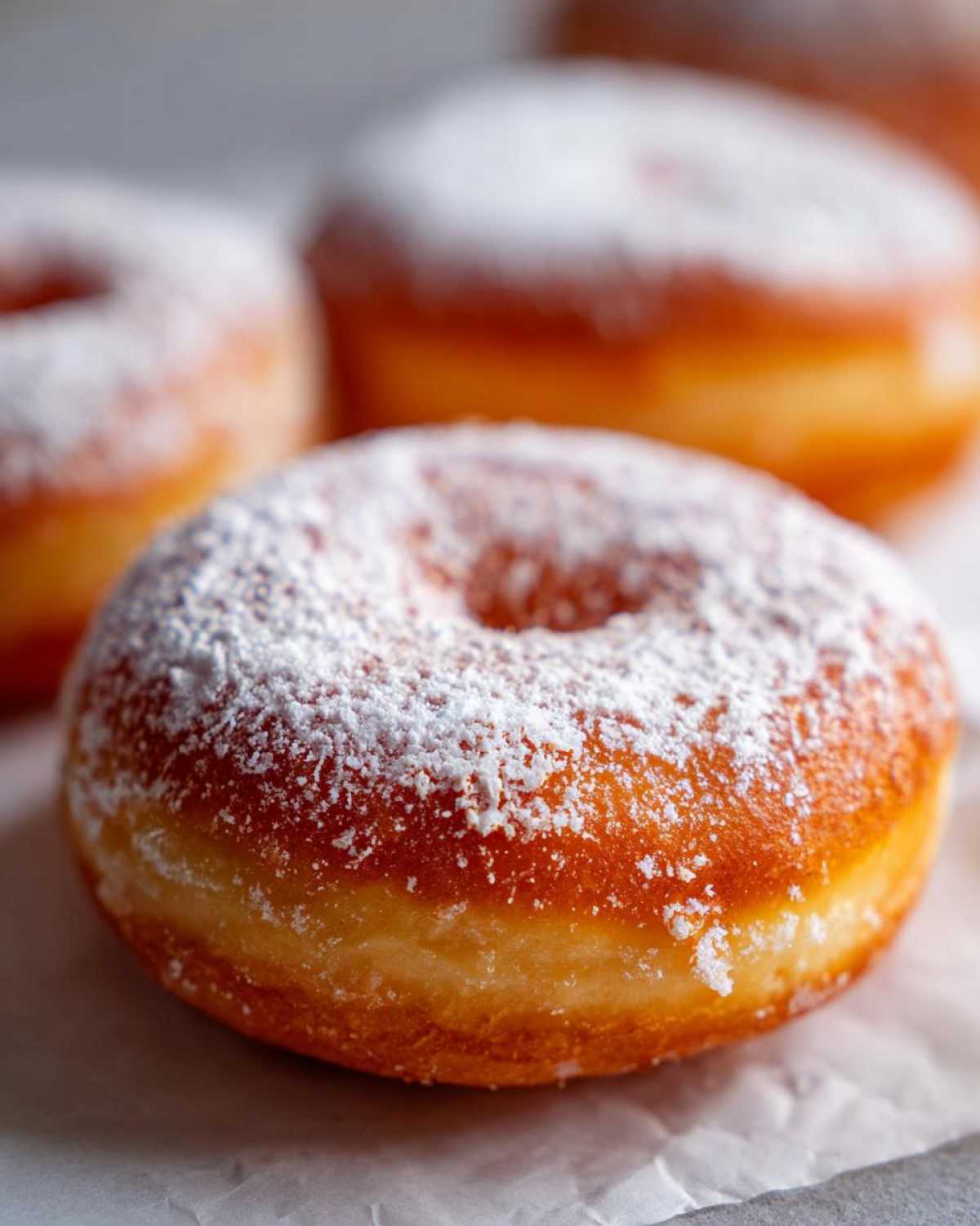 Zbliżenie na pączki pieczone posypane obficie cukrem pudrem, gotowe do podania.