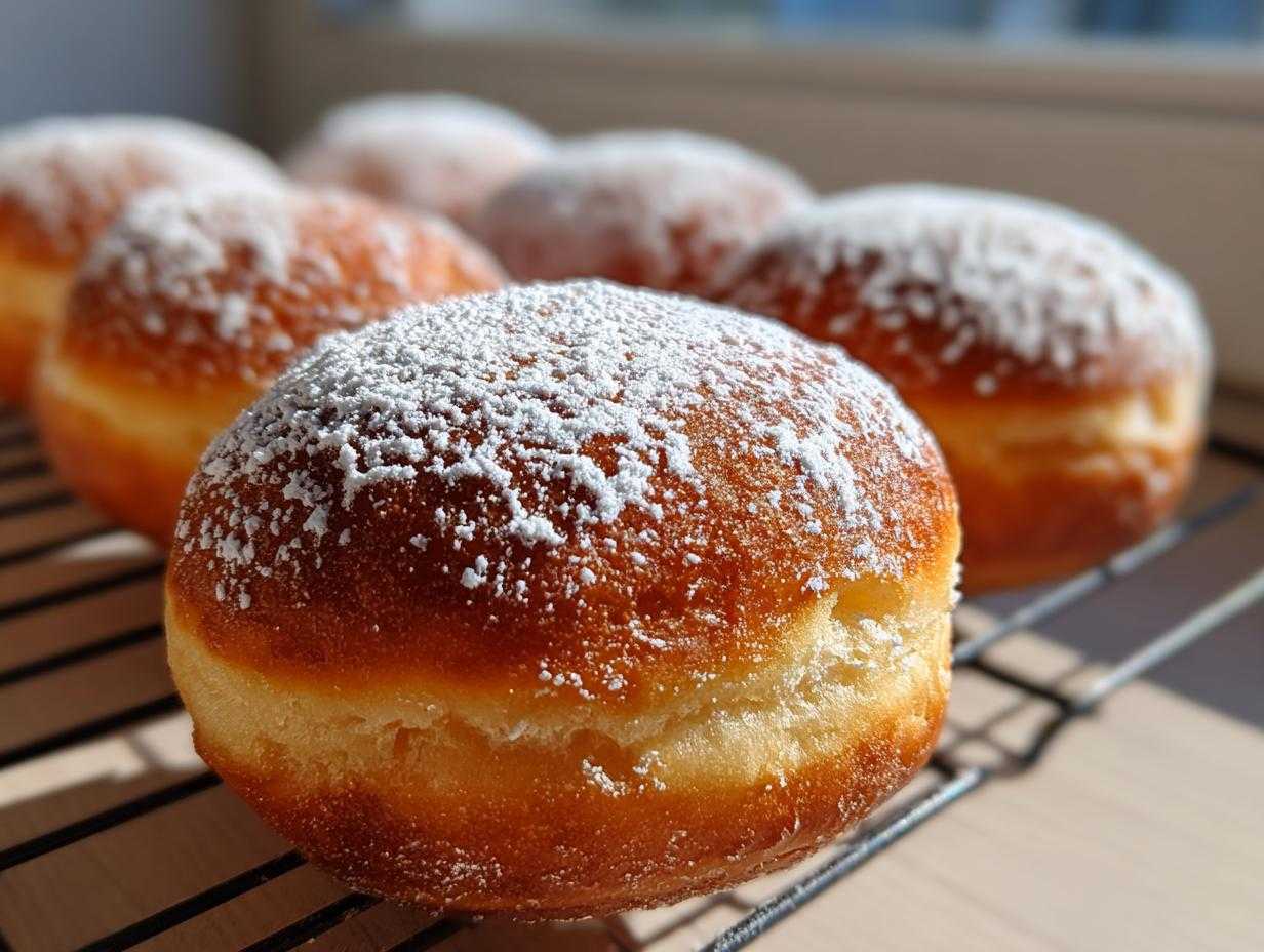 Zbliżenie na puszyste pączki pieczone posypane cukrem pudrem, leżące na kratce.