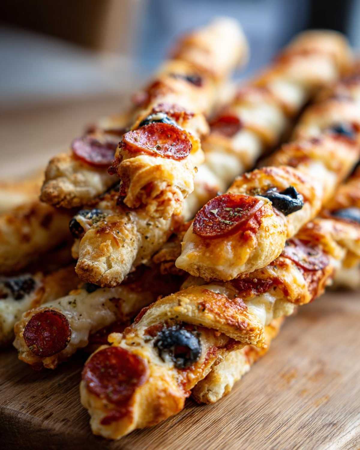 Zbliżenie na stos chrupiących paluchów pizzowych z serem, pepperoni i czarnymi oliwkami na drewnianej desce.