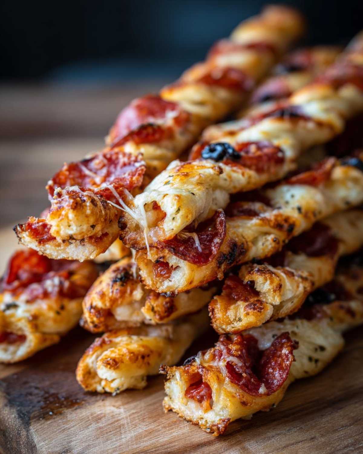 Zbliżenie na stos chrupiących paluchów pizzowych z pepperoni i ciągnącym się serem, ułożonych na desce.