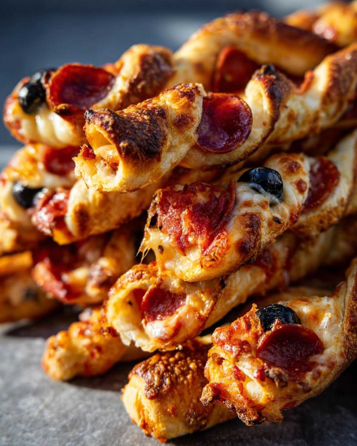 Zbliżenie na stos chrupiących, zapieczonych paluchów pizzowych z pepperoni i czarnymi oliwkami.