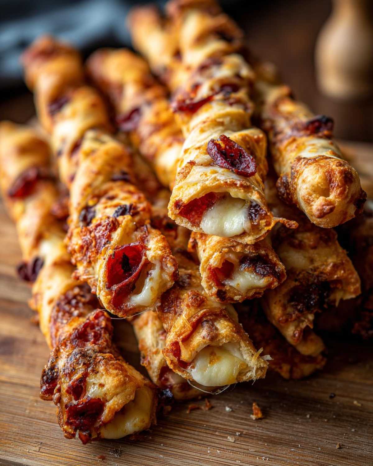 Zbliżenie na stos chrupiących paluchów pizzowych z roztopionym serem i kawałkami pepperoni.