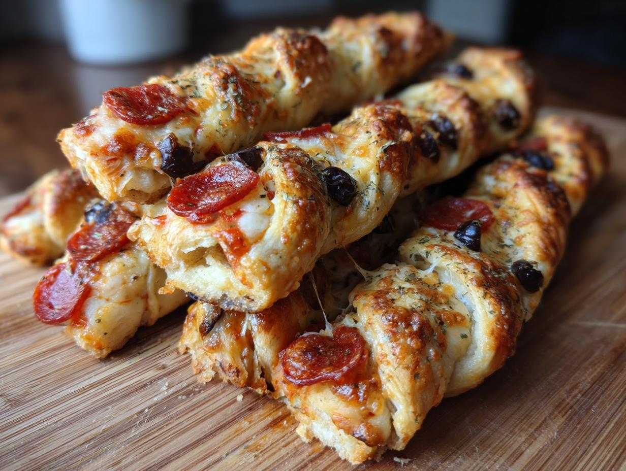 Zbliżenie na stos chrupiących, zapiekanych paluchów pizzowych z serem, pepperoni i czarnymi oliwkami.