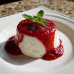 Panna cotta polana gęstym sosem malinowym i udekorowana listkami mięty.