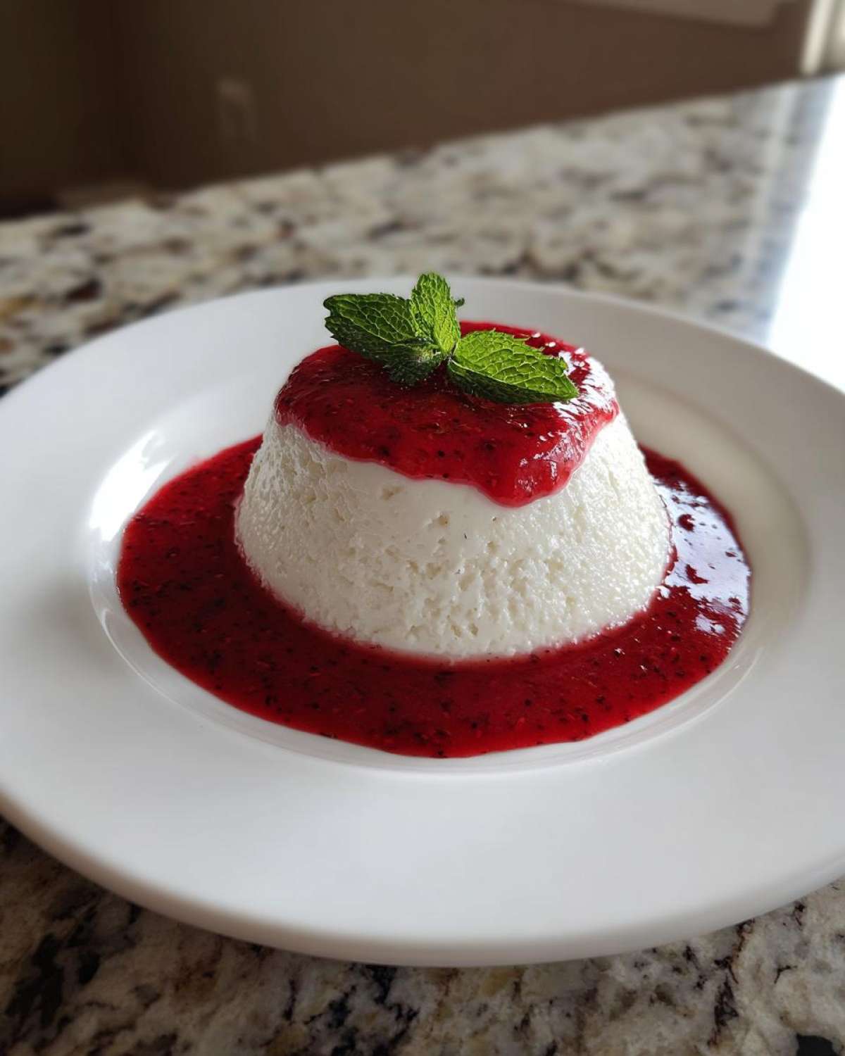 Kremowa Panna Cotta polana sosem malinowym i udekorowana listkiem mięty.